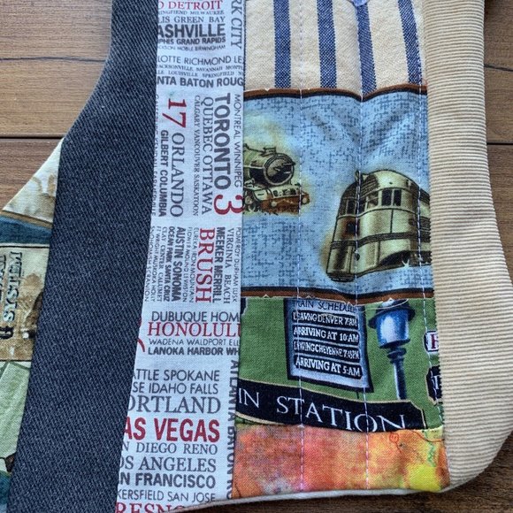 Christmas Stocking Quilted Patchwork Fabric Train Travel NEW 15” Handmade - Picture 2 of 5